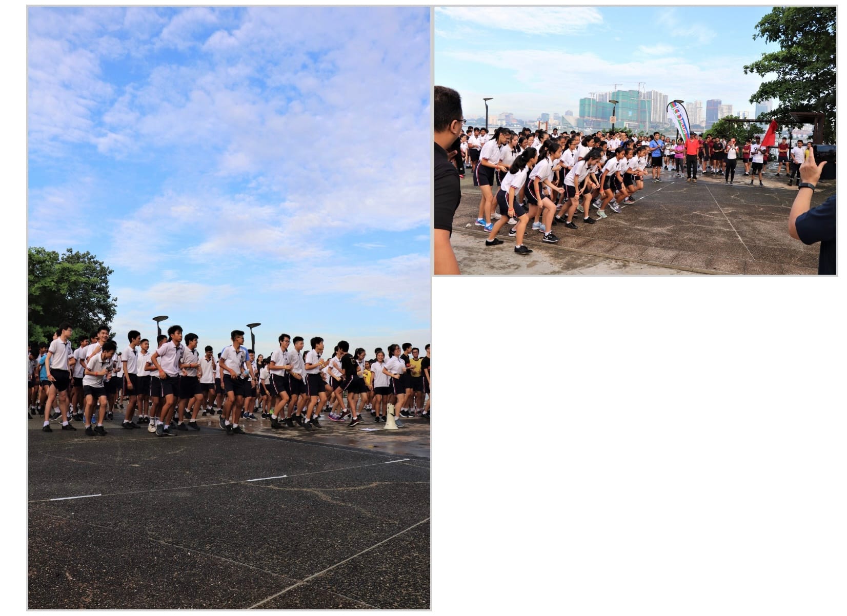 Two outdoor scenes of students in white uniforms running and crouching at the start of a race on a paved area.